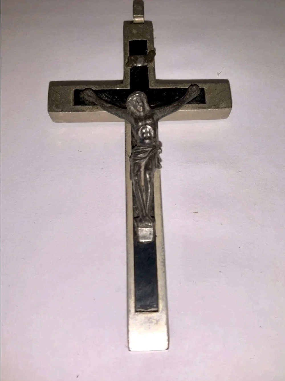Vintage Italy Black Enamel Crucifix Cross Pendant Catholic Silver Tone 3.5”